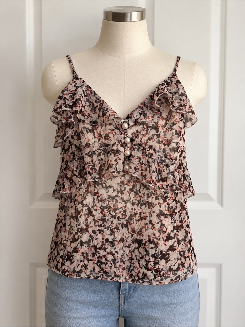 Express Pink Multi Floral Ruffle Pearl-Button Cami